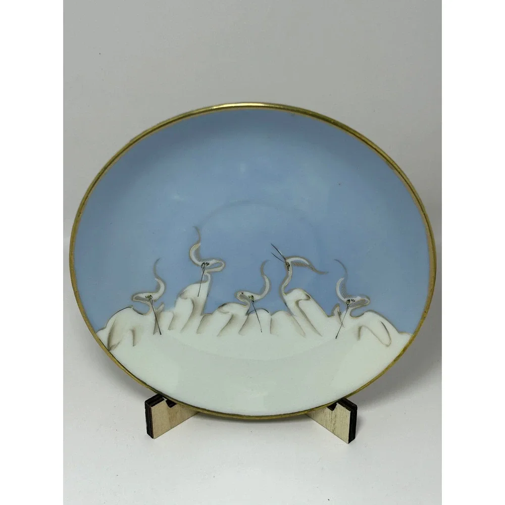 Mitsu-Boshi Japan Porcelain Saucer Blue White Egrets Herons‎ Gold Trim Set of 4